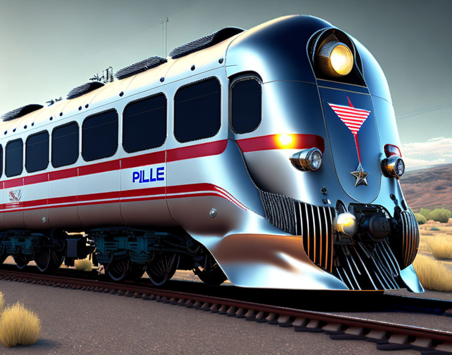 Vintage Silver and Red Streamliner Train with Art-Deco Design Elements on Desert Tracks