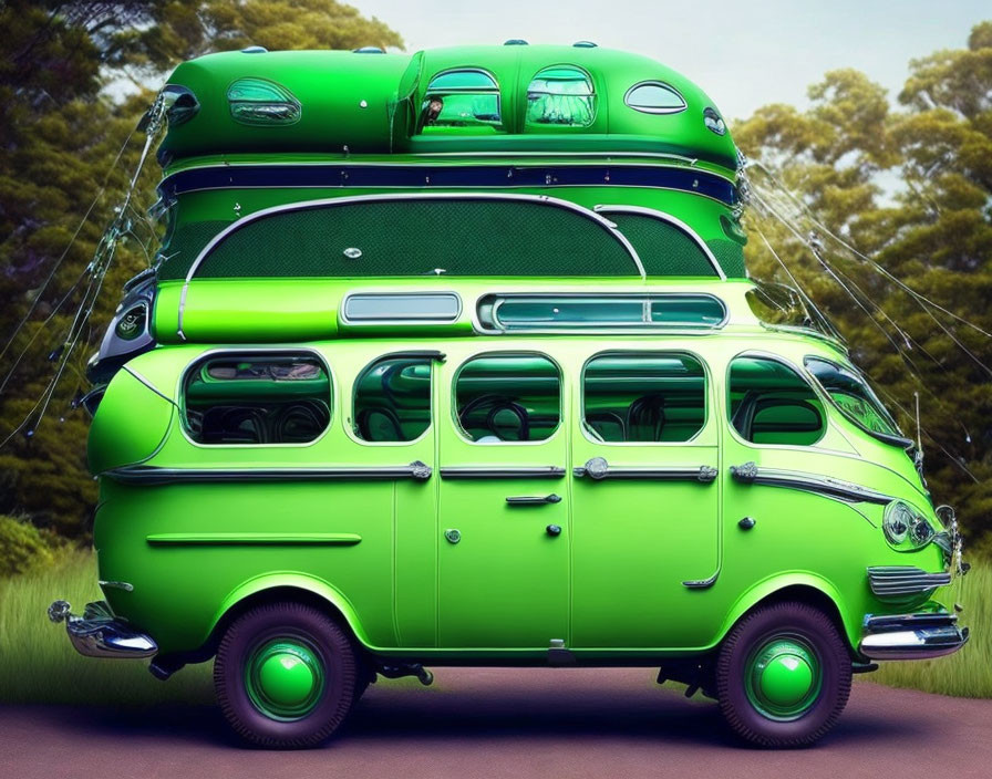 Bright Green Retro-Style Multi-Story Vehicle with Luggage in Forest Setting