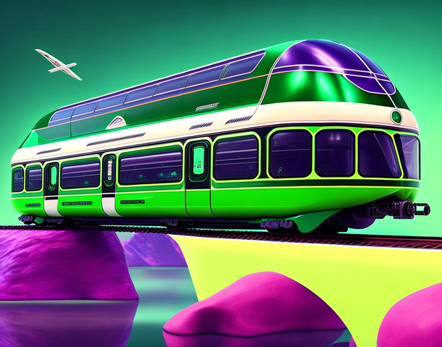 Futuristic green train on colorful landscape with plane in sky