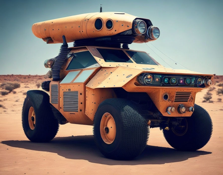 Futuristic six-wheeled vehicle with attached submarine on sandy desert terrain