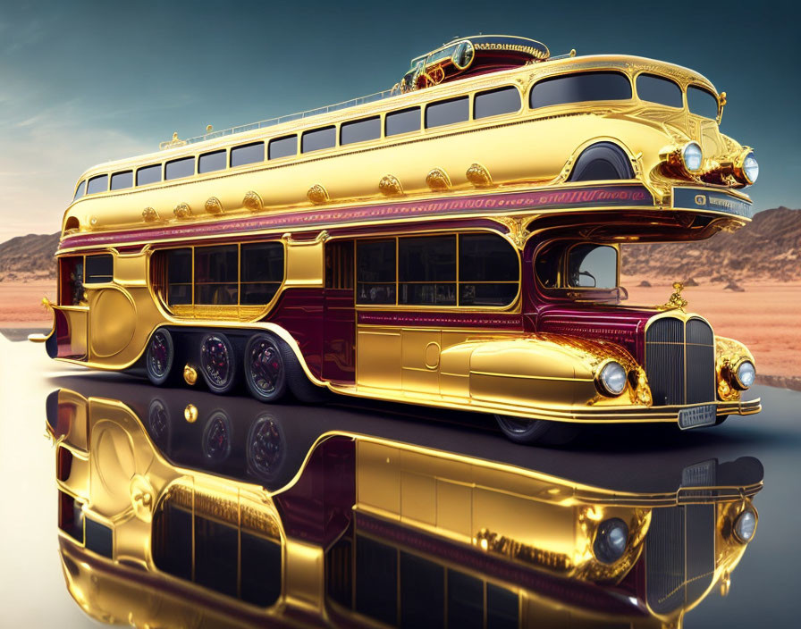 Luxurious Two-Story Golden Bus with Chrome Accents in Desert Setting