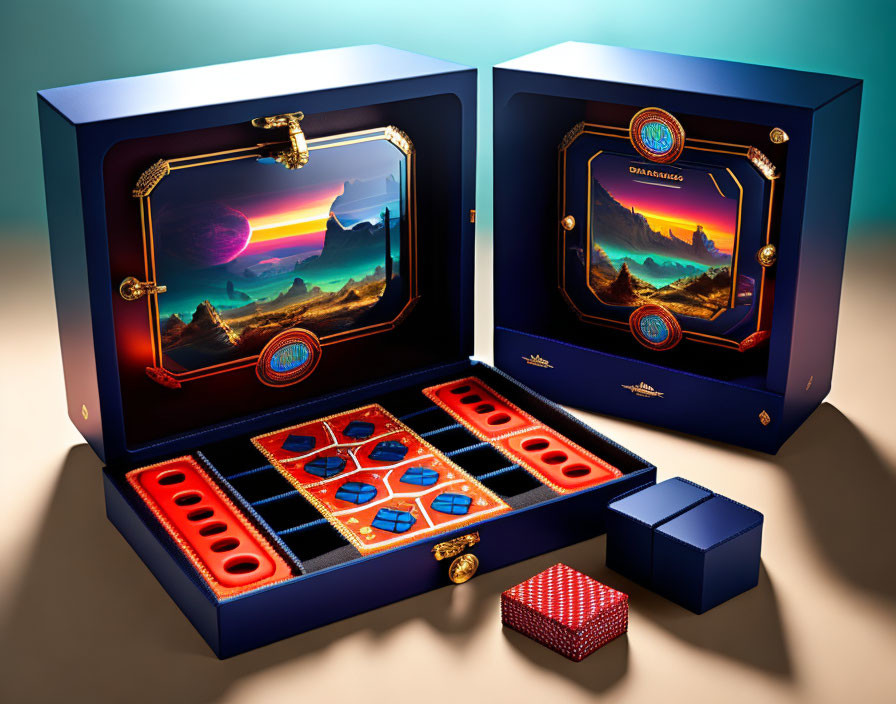 Elegant Backgammon Set with Intricate Designs in Blue Case