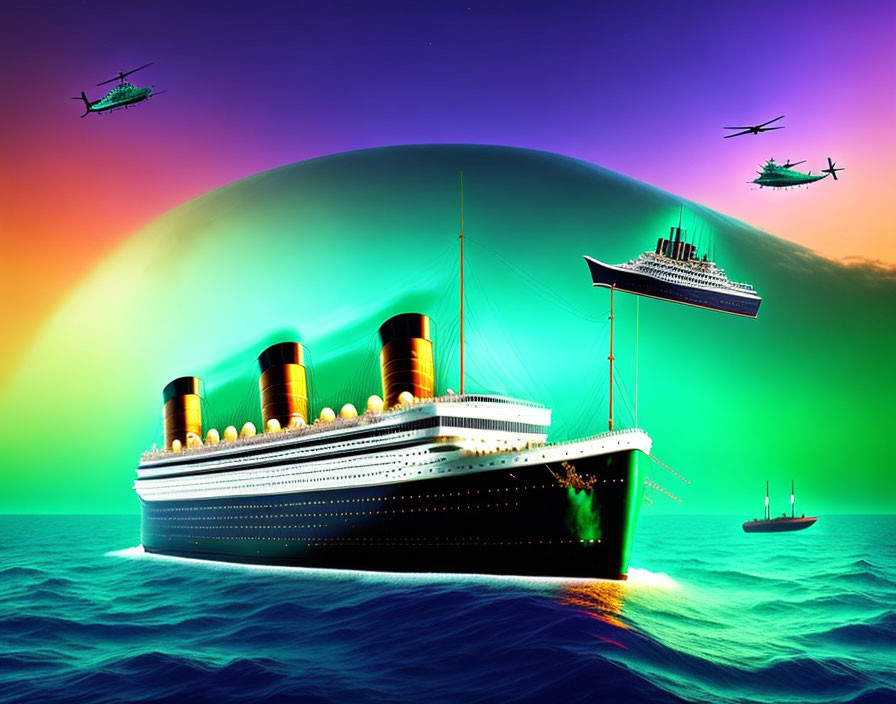 Large ocean liner and ships on vibrant sea under dome-shaped aurora with helicopters.