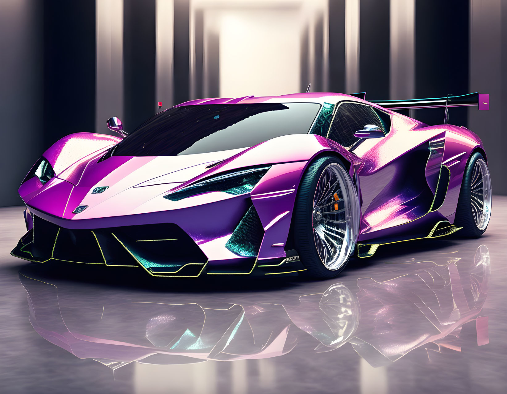 Sleek pink and purple sports car with aerodynamic design and rear wing on glossy floor