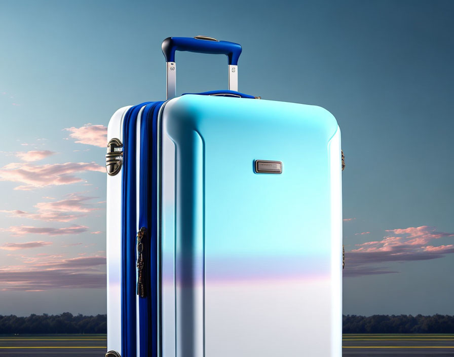 Blue and White Hardshell Suitcase with Extended Handle on Dawn or Dusk Sky Background