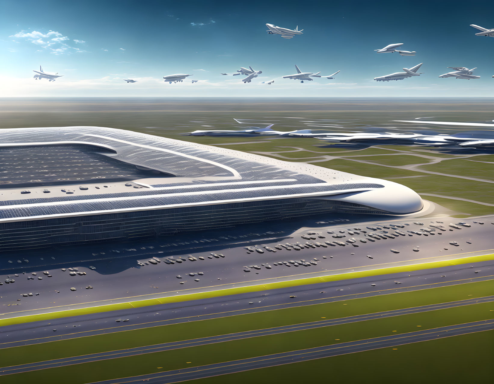 Futuristic airport with multiple runways and sleek terminal, surrounded by flying aircraft