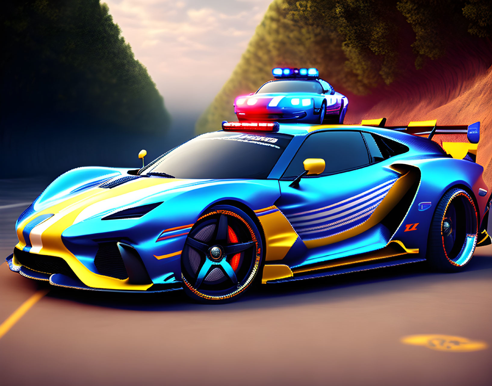 Digitally rendered sportscar with blue and yellow livery racing on road with police lights at evening