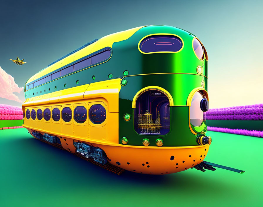 Colorful Futuristic Train on Surreal Landscape: Green & Yellow Exterior