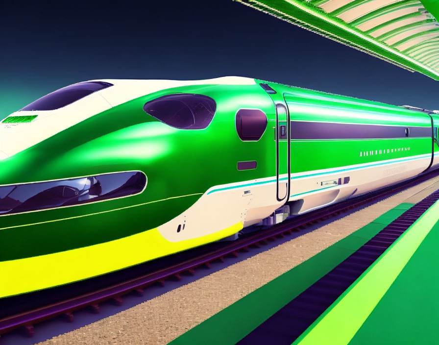 Futuristic green bullet train at vibrant station