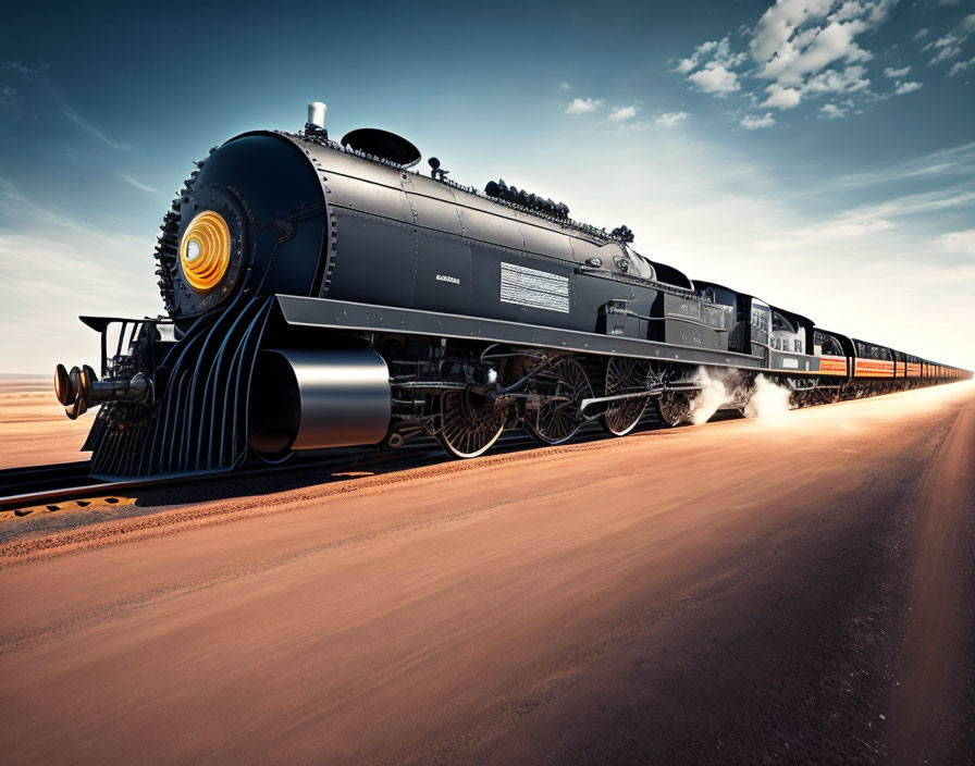 Vintage steam locomotive in desert landscape emitting smoke.