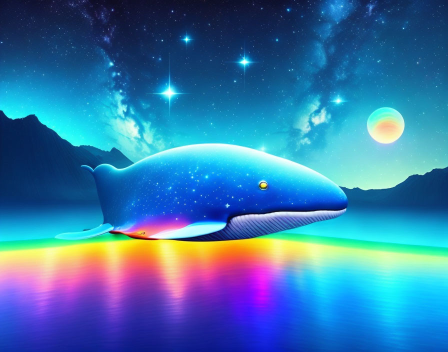 Surreal cosmic whale illustration above colorful waters