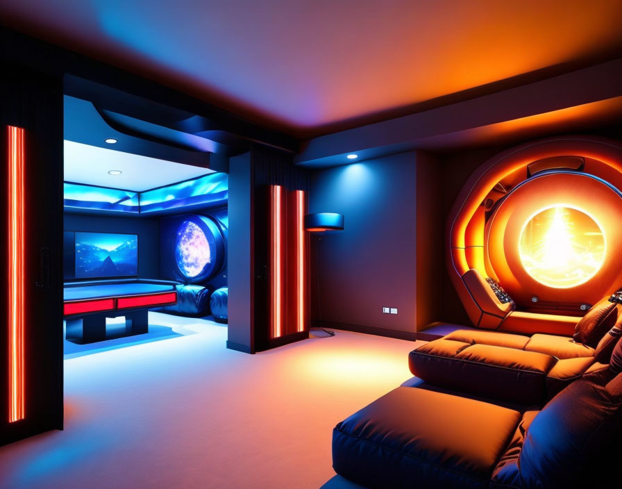 Modern Home Theater with Blue and Red LED Lighting & Sci-Fi Decor