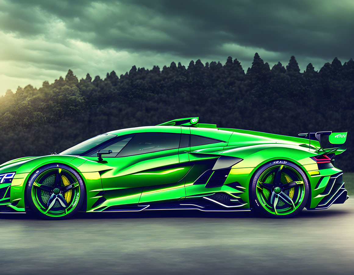 Dynamic Green Sports Car Against Moody Sky and Forest Background