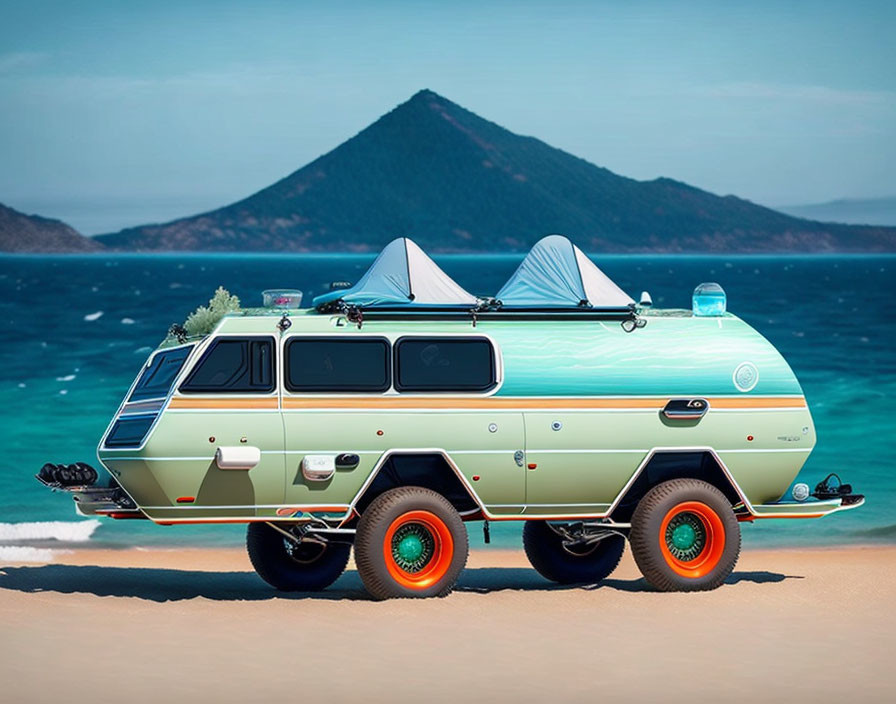 Retrofuturistic six-wheeled van on sandy beach with sea and mountain view