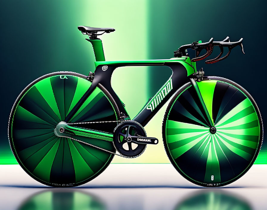 Black and Green Aerodynamic Time Trial Bicycle on Gradient Green Background