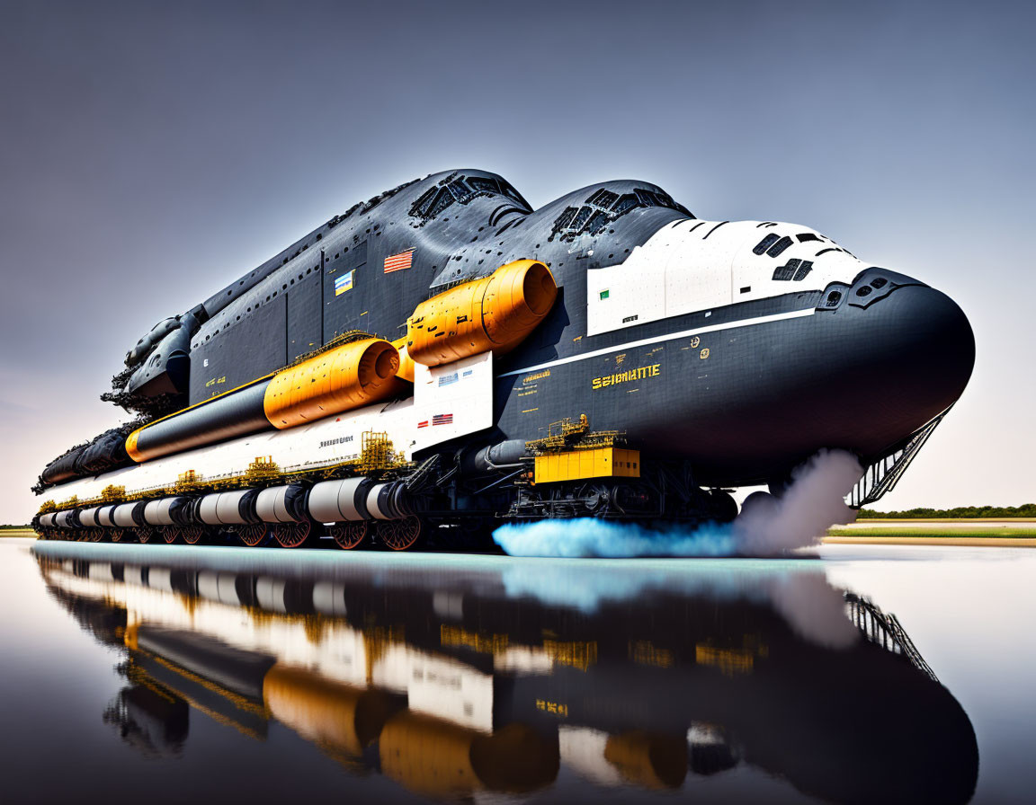 Space shuttle on launch system reflected in water under cloudy sky