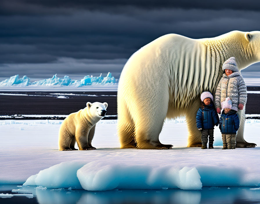 Giant polar bear with two people on ice, smaller bear in icy backdrop