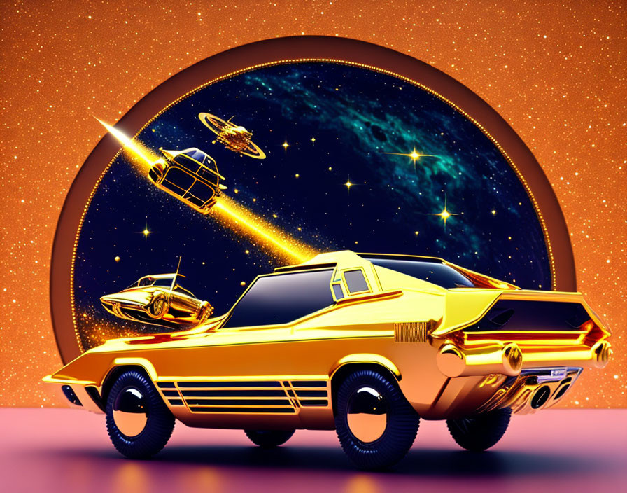 Golden futuristic car with oversized wheels in space-themed setting.