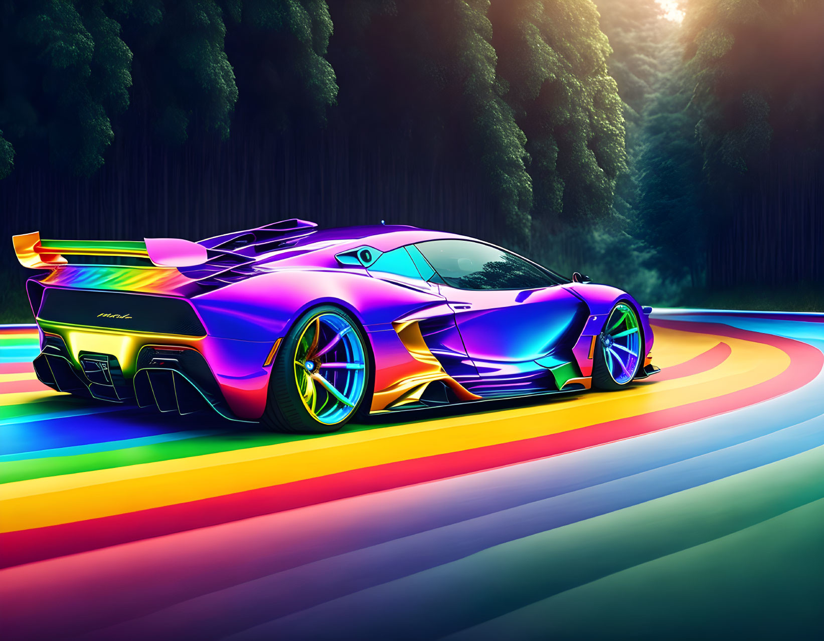 Vibrant sports car with holographic paint on neon-lit race track