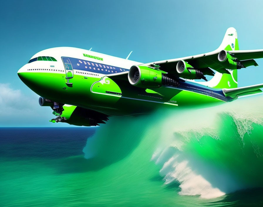 Green and White Airplane Flying in Clear Blue Sky