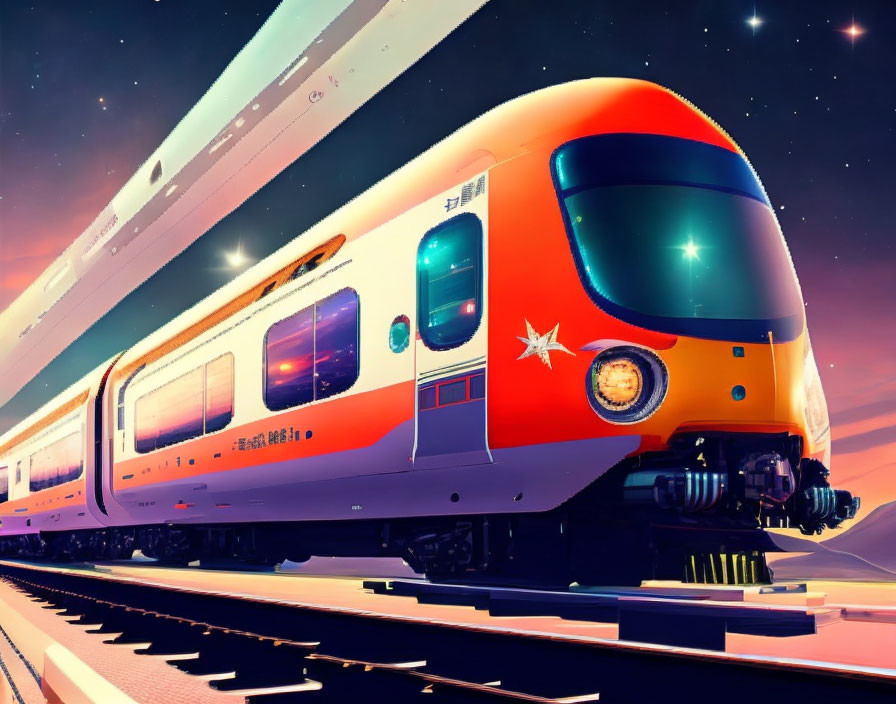 Vibrant orange futuristic train on illuminated track in purple and pink sky