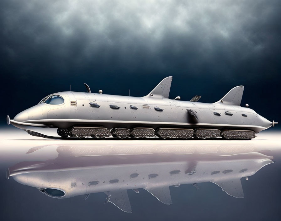 Futuristic silver aircraft with multiple engines on reflective surface in stormy sky