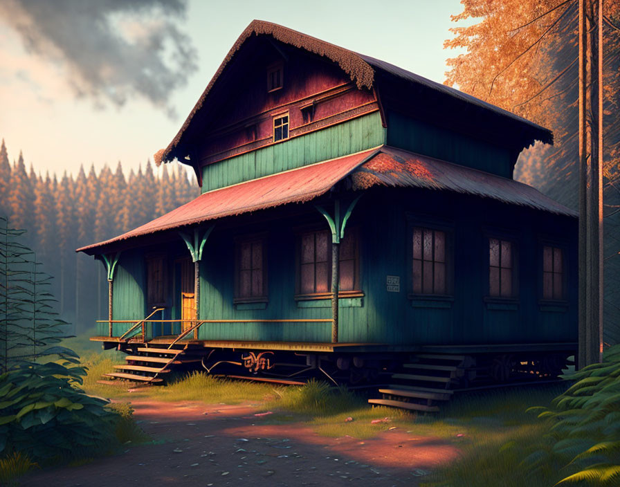 Green two-story wooden house in forest sunlight shadows