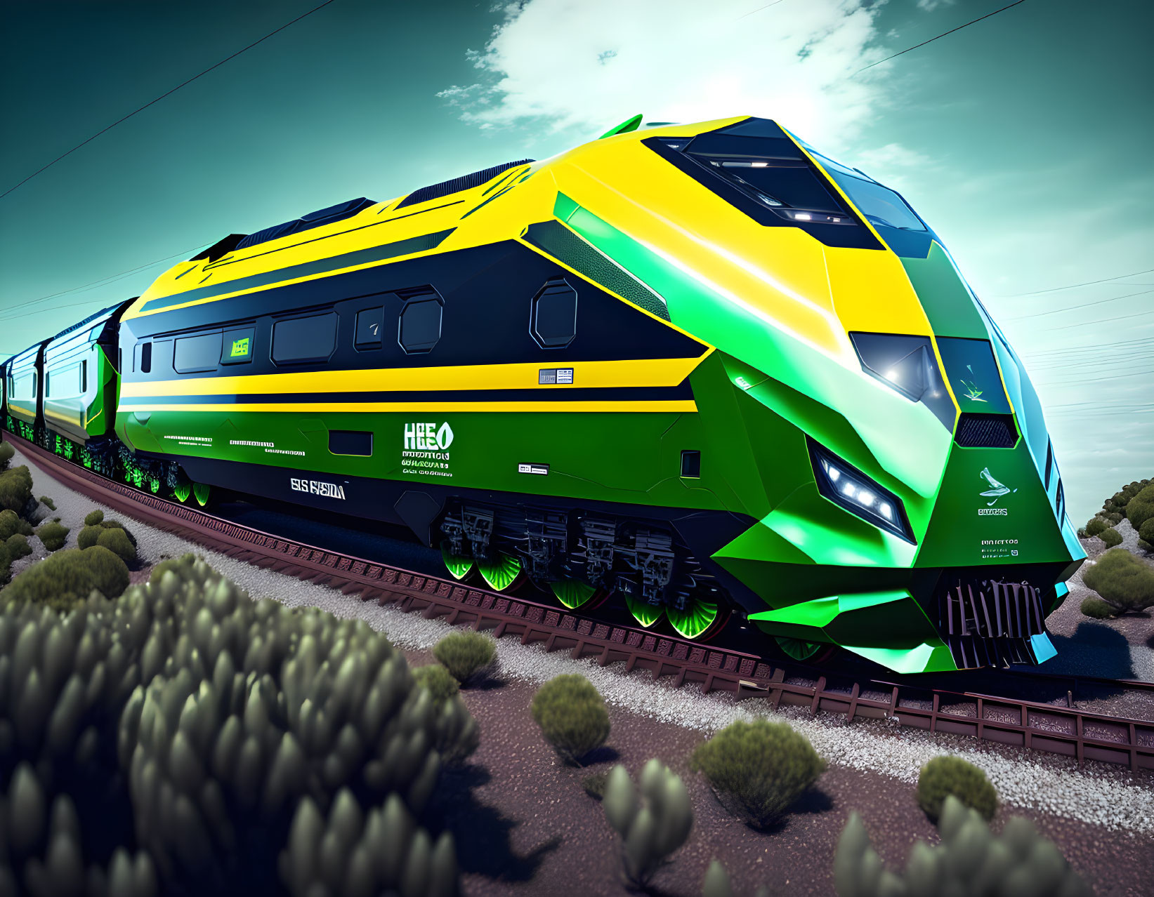 Green and Yellow Train "HEE0" in Desert Landscape