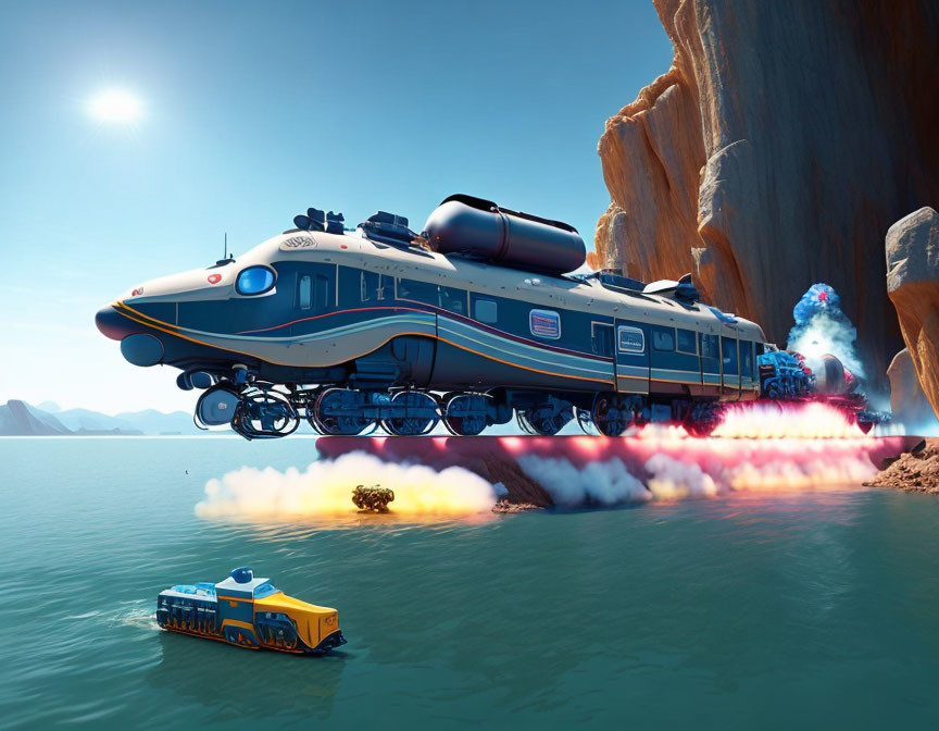 Futuristic train with rocket boosters, coastal track, boat-like train on water, and drone