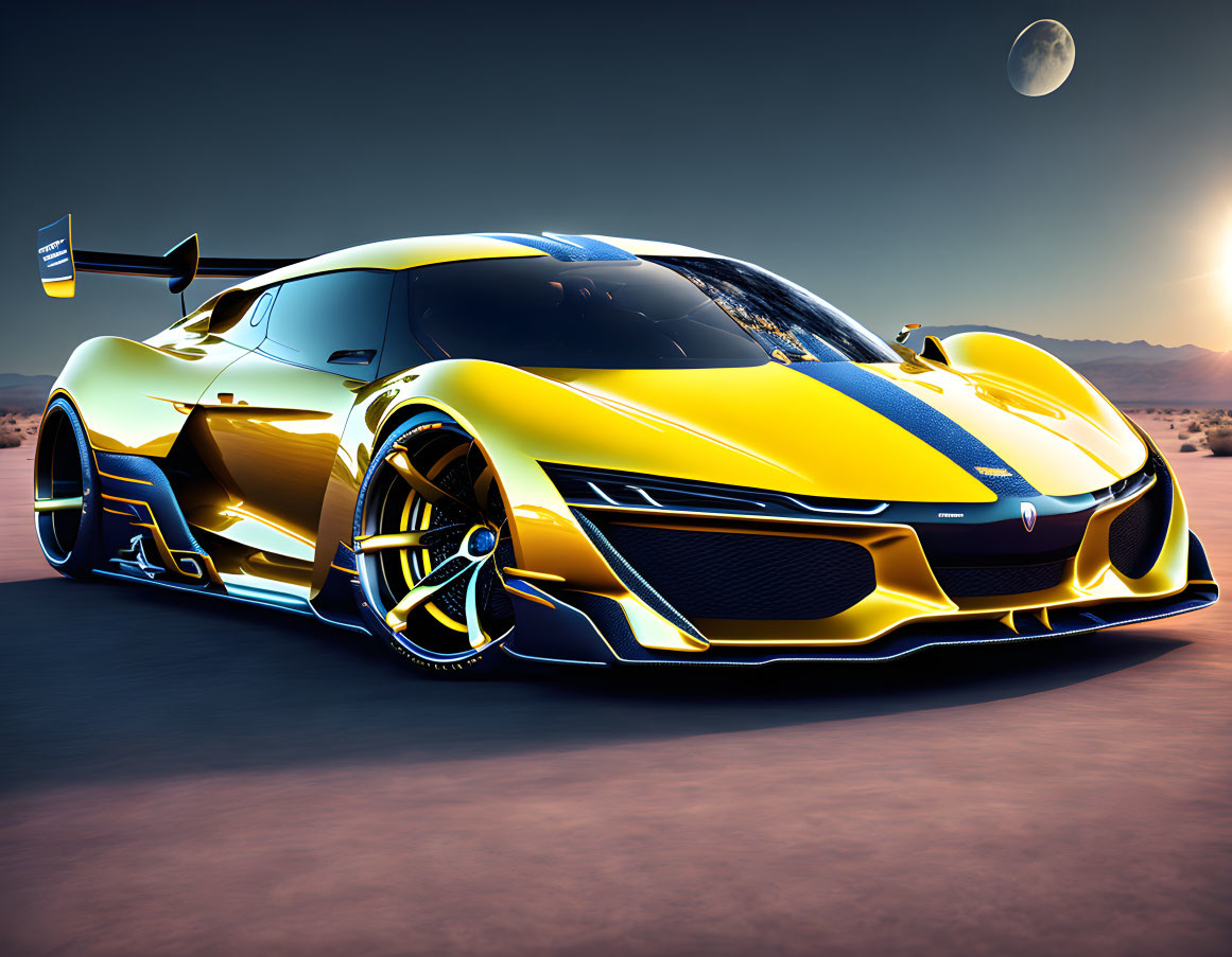 Yellow and Blue Racing Car on Desert Road at Dusk with Moon