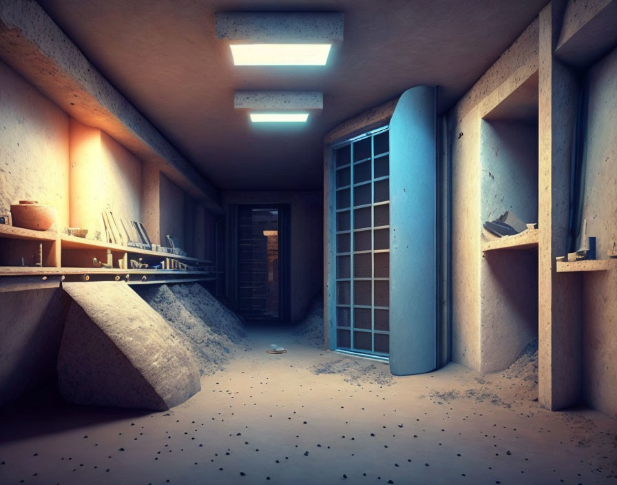 Underground bunker corridor with open vault door and shelves, sand-covered floor