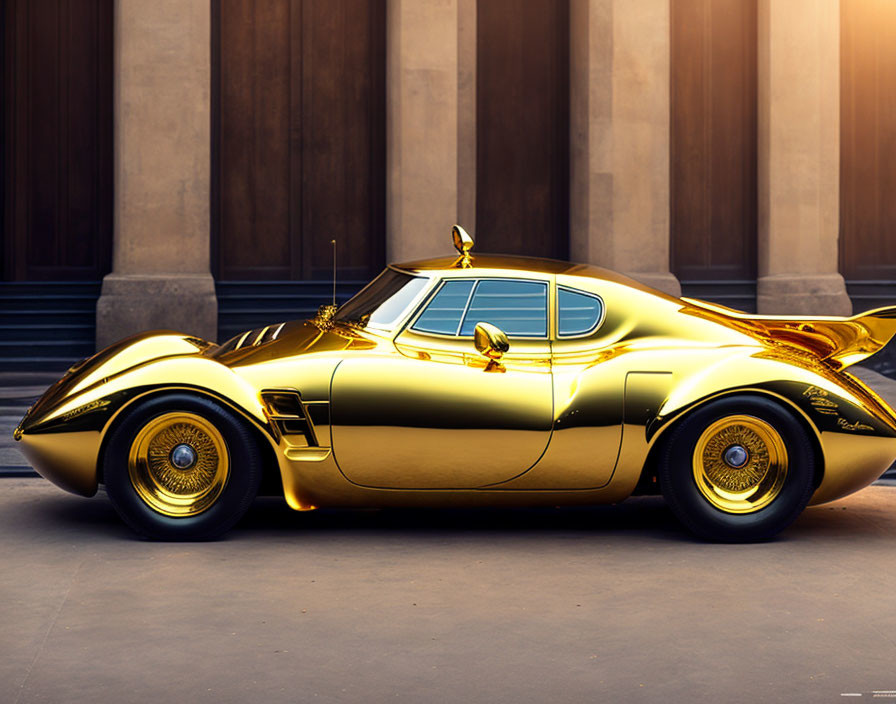 Gold Classic Sports Car with Gullwing Doors Parked by Columned Building