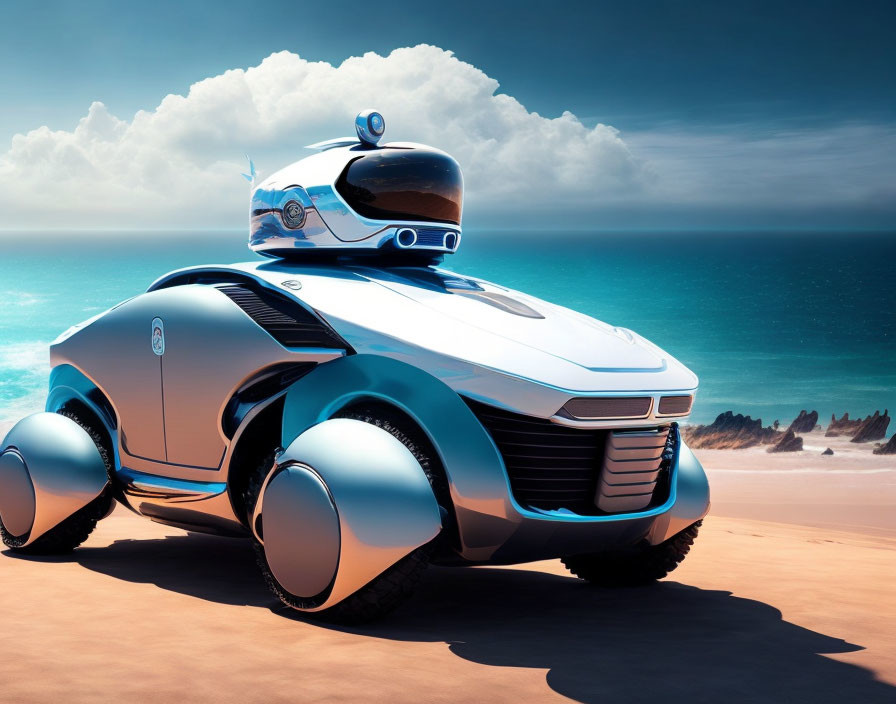 Autonomous car with robotic head on sandy beachfront.