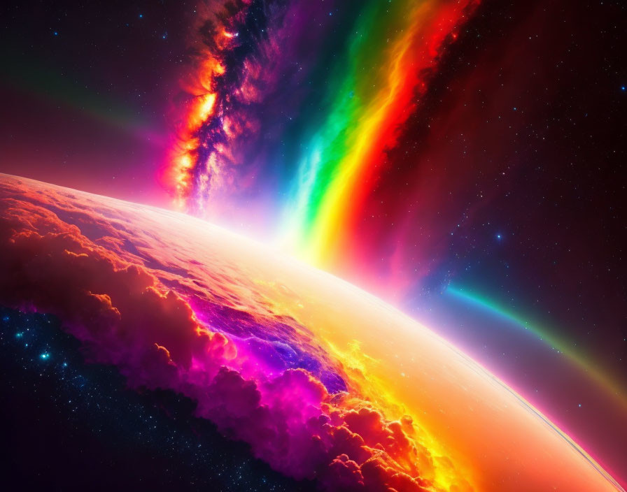 Colorful cosmic phenomenon over planetary horizon in vibrant space scene