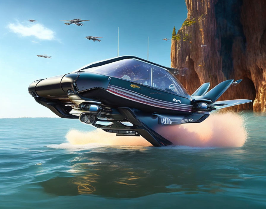 Black and Blue Futuristic Speedboat with Wings near Rocky Cliffs