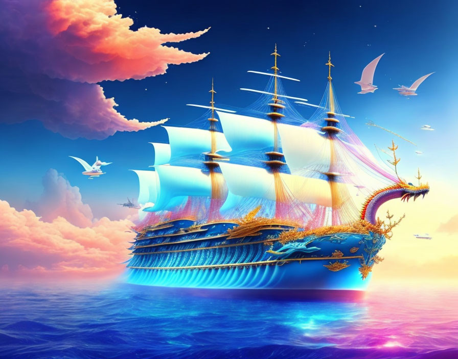 Majestic sailing ship with dragon figurehead at sea under colorful sunset sky