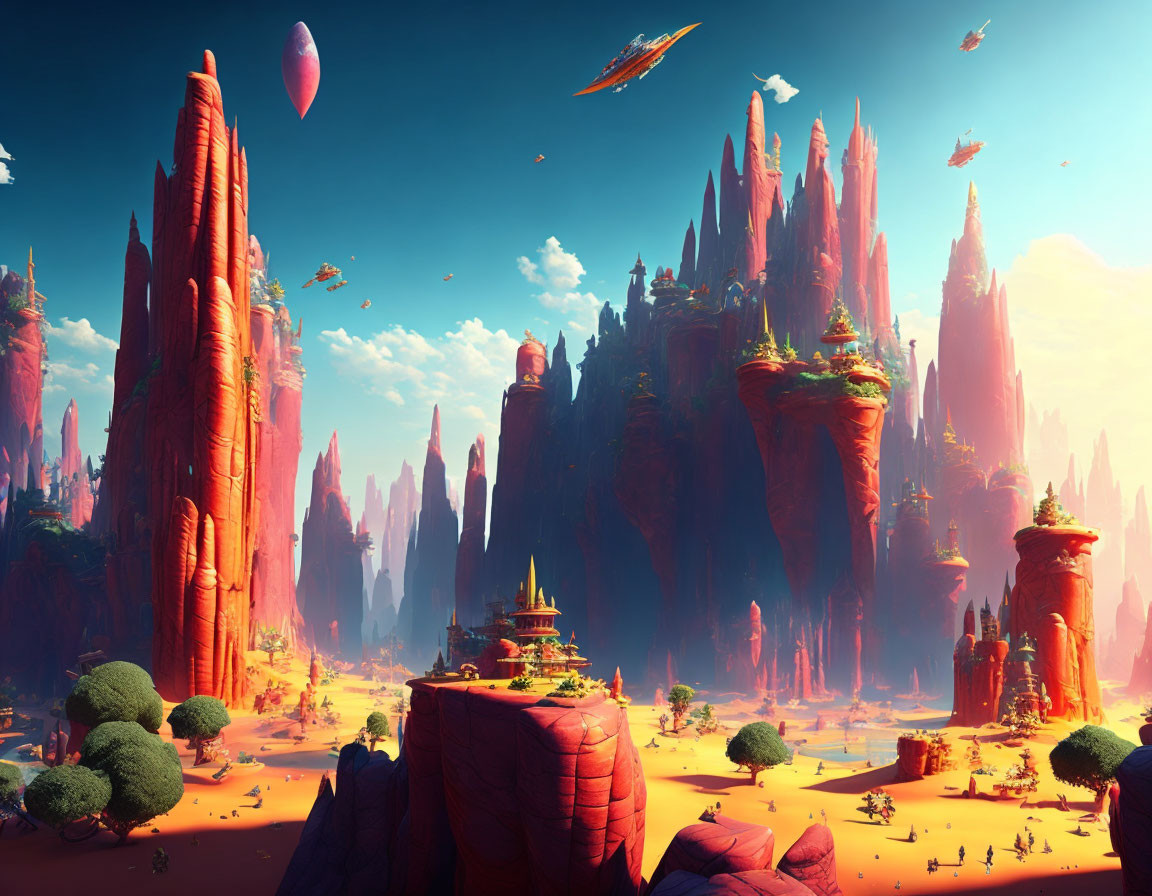 Fantastical landscape with red rock formations, floating islands, airships, and Asian architecture