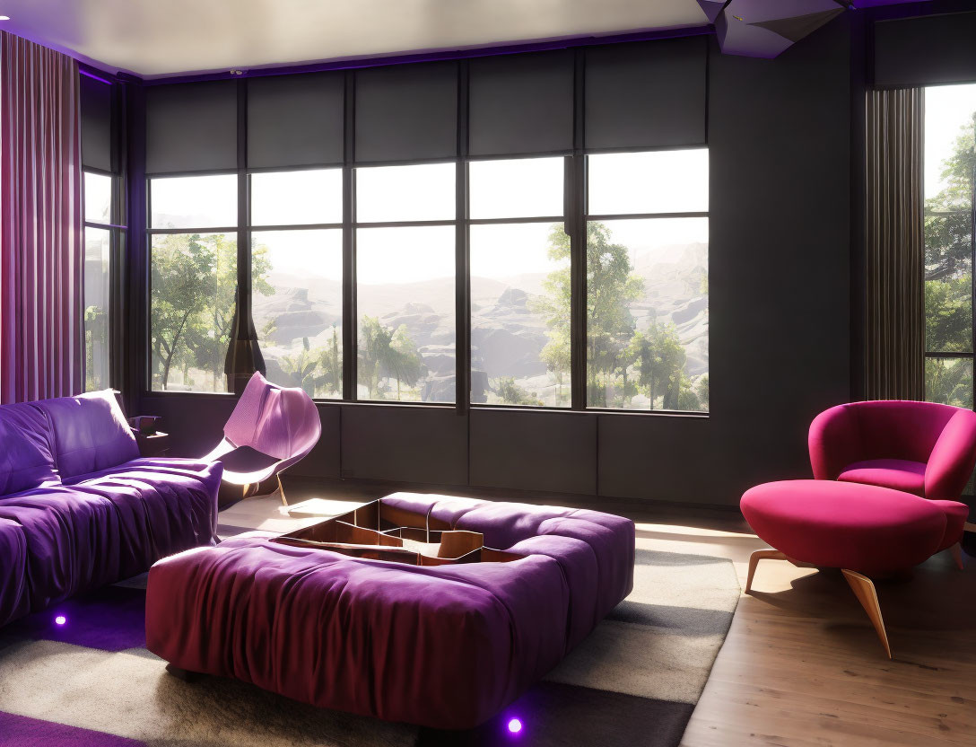 Spacious living room with mountain view, purple sofas, pink armchair, glass table