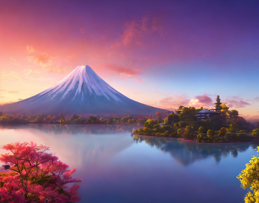 Snow-capped Mount Fuji reflected in serene lake at sunrise