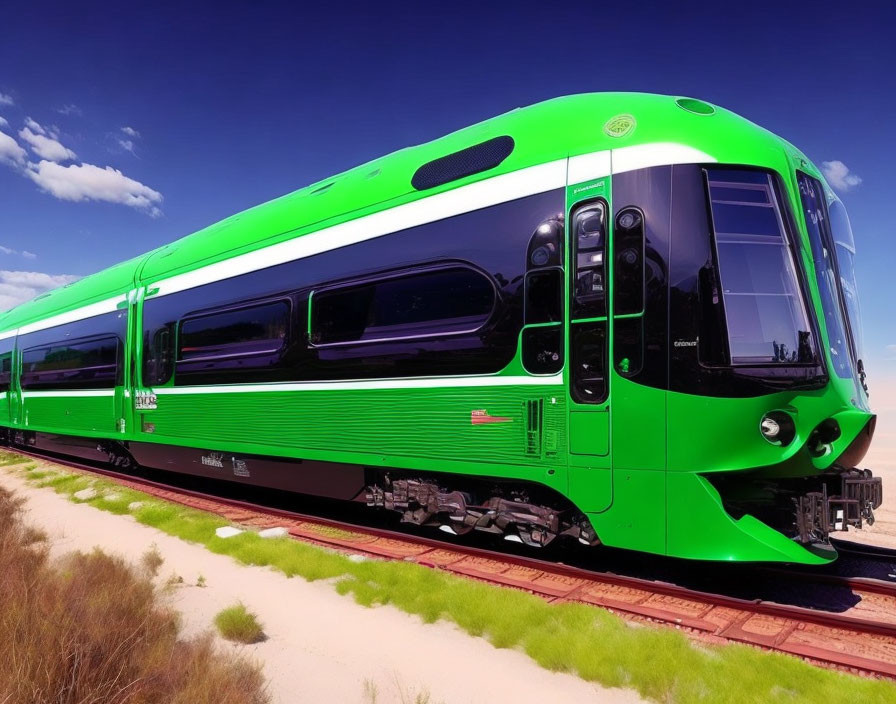 Bright Green Modern Passenger Train on Tracks with Blue Sky and Clouds