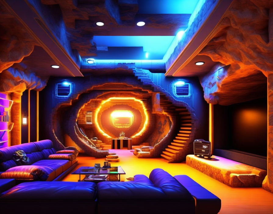 Modern home theater room with blue and orange lighting and cozy seating