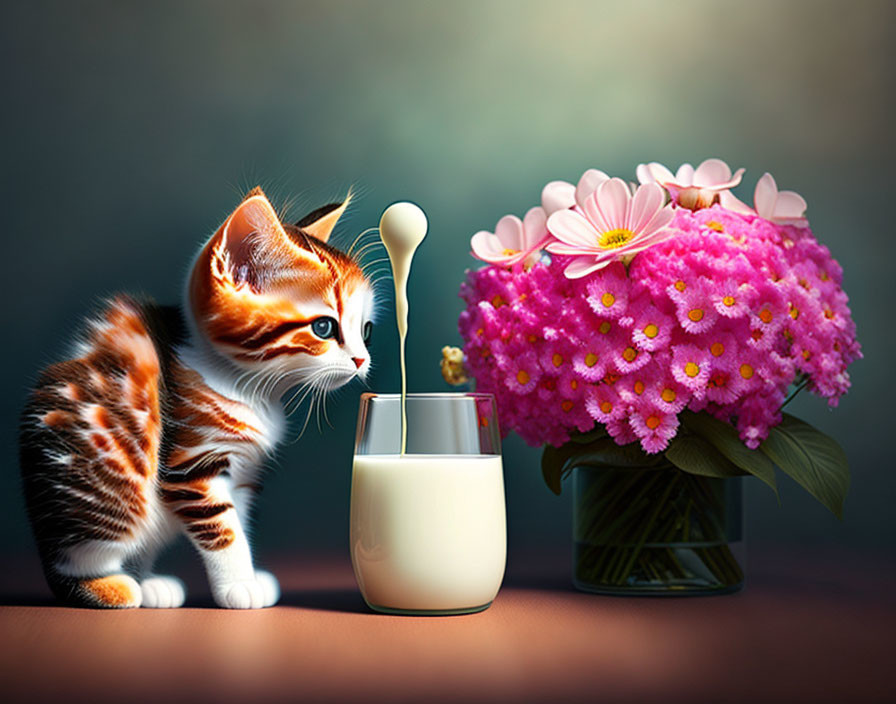 Curious kitten with unique markings by spoon in glass of milk and pink flowers.