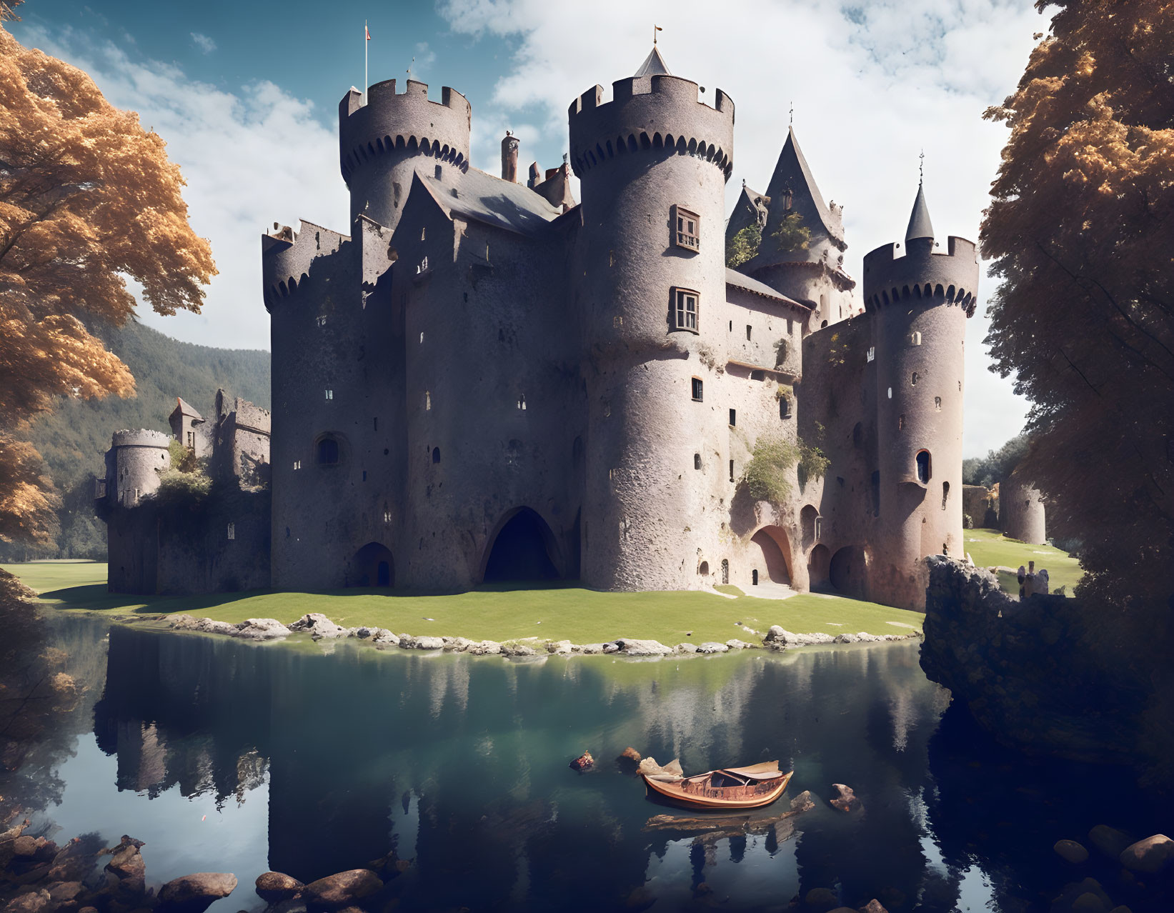 Medieval castle with towers reflected in lake surrounded by forest