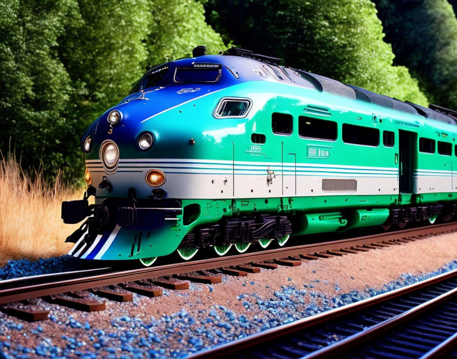 Vintage Green and Silver Streamlined Locomotive on Sunny Railroad Tracks