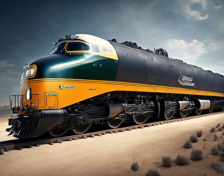 Vintage black and green locomotive "Golden Eagle" in desert landscape