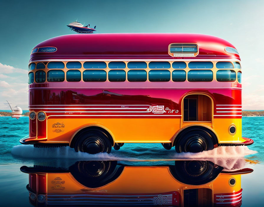 Vintage red bus transformed into boat on water with plane and cruise ship in background