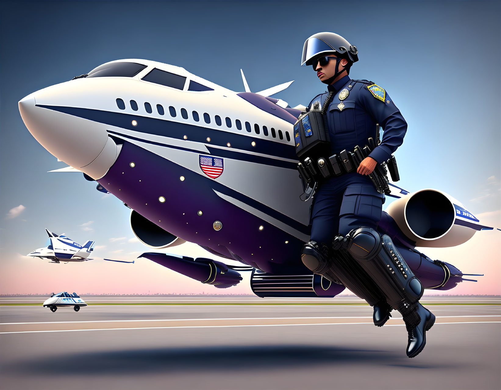 Futuristic police officer with jet-powered boots patrols airstrip