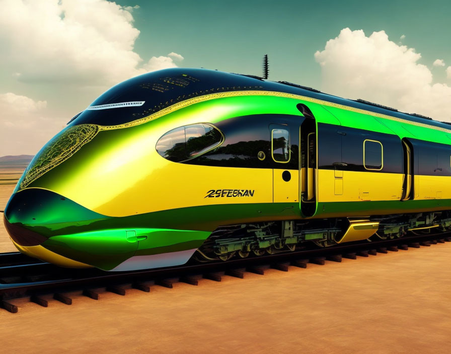 Sleek green and yellow futuristic train at desert station