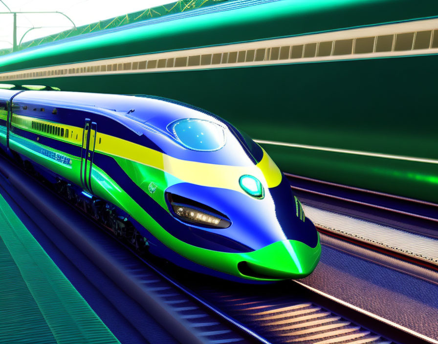 Sleek blue and green high-speed train at futuristic station