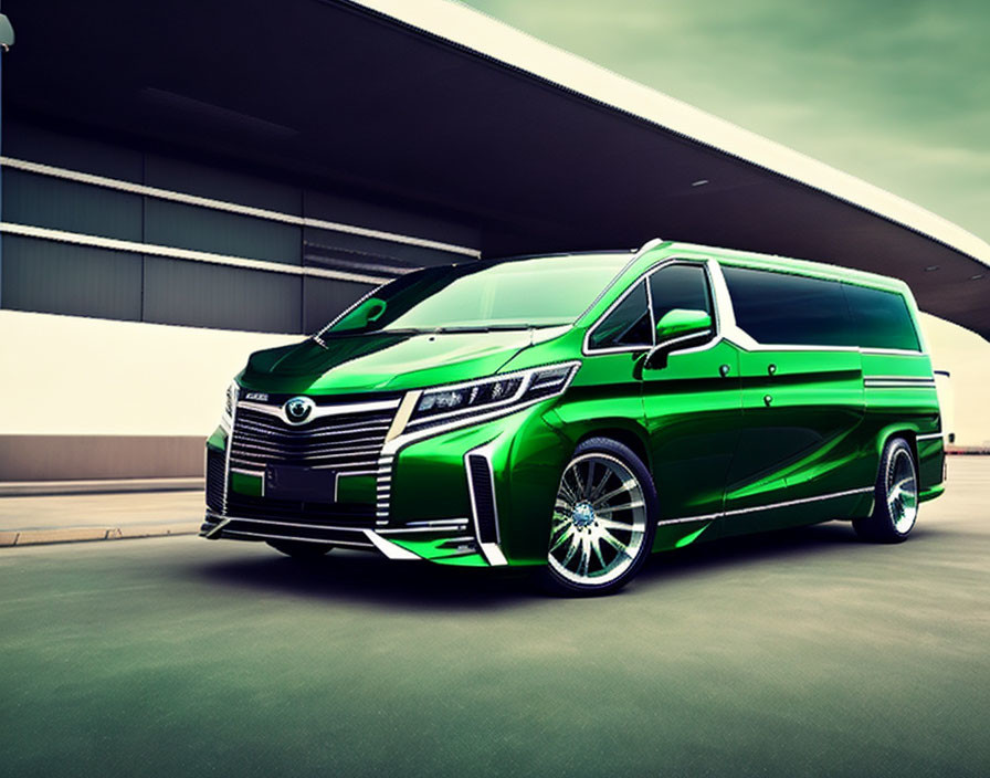 Sleek green van with chrome details and alloy wheels parked in front of minimalist building